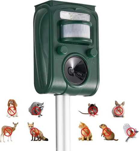 Repelente solar ultrasónico de animales para exteriores, impermeable, repelente de ciervos mejorado con detección de movimiento, repelente de