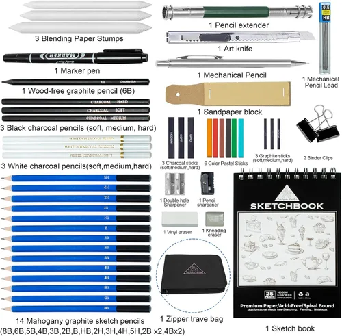 Miniatura 2 de Handyman Crafts Juego de 50 lápices de dibujo para bocetos Lápices de dibujo, grafito, carbón, libro de bocetos, suministros de dibujo En