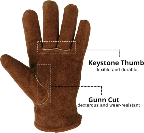 Miniatura 10 de OZERO 2 pares de guantes de trabajo de cuero de invierno para clima frío al aire libre: guantes cálidos con aislamiento térmico para hombres