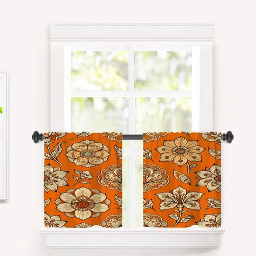 Miniatura 12 de Cortinas de cocina de hojas de arce otoñales para ventanas, hojas verdes y rojas sobre cenefas opacas negras, tratamientos de ventana de poliéster
