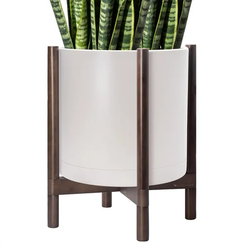 Miniatura 14 de Maceta de D'vine Dev con soporte - Maceta de flores de cilindro de plástico de 8.0 pulgadas con soporte de madera para interiores, maceta mate negra