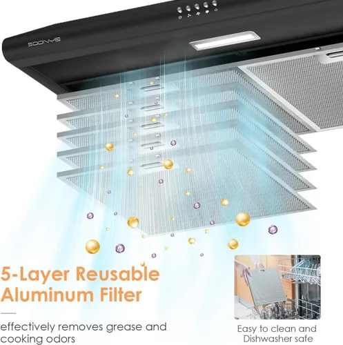 Miniatura 3 de Campana extractora negra para debajo del gabinete de 30 pulgadas, campana extractora de cocina delgada de acero inoxidable convertible