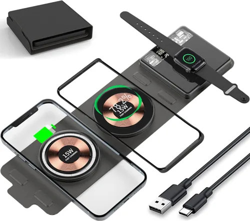 Cargador inalámbrico rápido plegable de 15 W, cargador inalámbrico magnético de viaje 3 en 1, almohadilla de carga inalámbrica compatible con