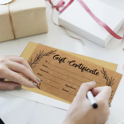 Miniatura 3 de 48 piezas de certificados de regalo en blanco, tarjetas de certificado de papel kraft con 48 piezas de sobres para negocios, salones, restaurantes
