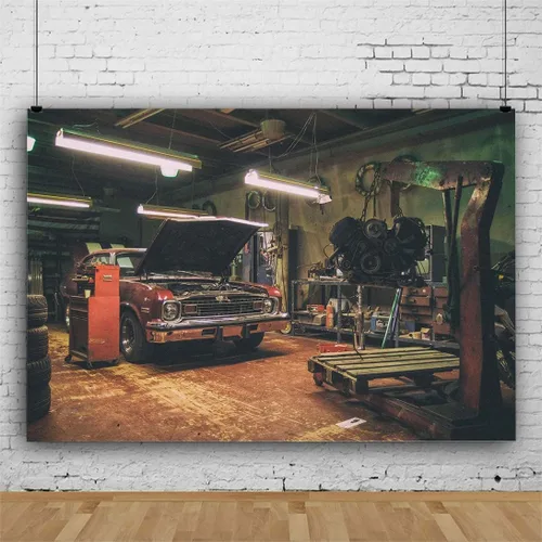 Miniatura 4 de Fondos de garaje antiguos para fotografía de 5 x 3 pies, fondos de reparación de automóviles temáticos para fiesta de fotos y accesorios de estudio