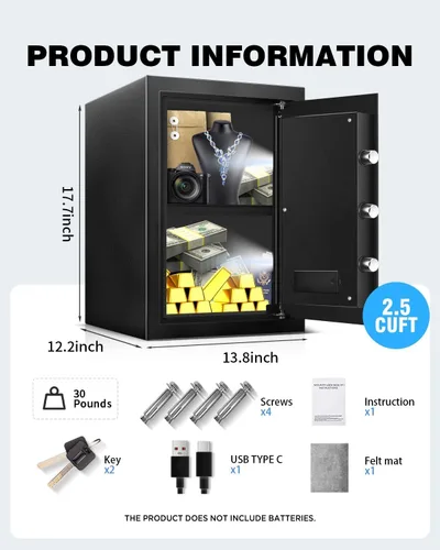 Miniatura 2 de Caja de seguridad de 2.5 pies cúbicos para el hogar, caja de seguridad electrónica digital de acero personal con cerradura de seguridad y luz sensor