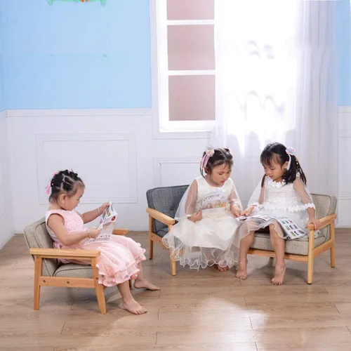 Miniatura 2 de Sofá para niños, sillón tapizado con estructura de madera maciza y tela de lino para regalo para niños (gris oscuro, gris claro) (gris oscuro)