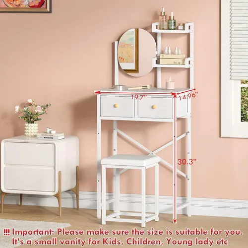 Miniatura 10 de Mesa de tocador pequeña de 19.7" de ancho con espejo y silla, juego de mesa de maquillaje mini y linda con 2 cajones de almacenamiento de tela
