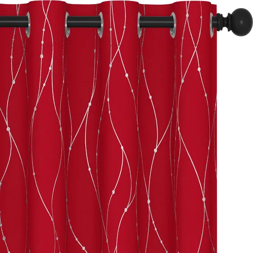Miniatura 2 de Deconovo Cortinas navideñas, cortina roja, cortinas opacas, cortina térmica aislada y reductora de ruido con estampado de líneas onduladas y puntos