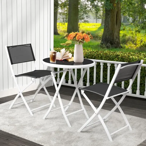 Miniatura 2 de HAPPYGRILL Juego de 3 piezas de bistró plegable para patio, juego de silla y mesa plegable al aire libre con tela transpirable, mesa de vidrio Negro