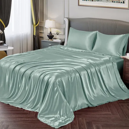 Vonty Sábanas de Satén Full Sedosas y Suaves Juego de Sábanas de Cama de Satén Verde Menta, 1 Sábana Bajera de Bolsillo Profundo + 1 Sábana Plana +