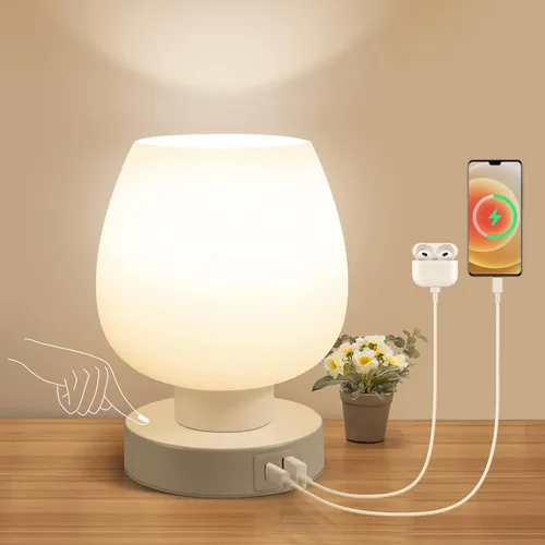 Miniatura 12 de Lámpara de Mesa de Noche Táctil - Lámpara Pequeña Rosa para Dormitorio con Puertos de Carga USB C+A, Regulable de 3 Niveles, Lámpara de Escritorio