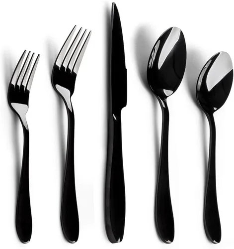 E-far Juego de cubiertos de acero inoxidable negro de 20 piezas, incluye cuchillo, cuchara, tenedor, pulido espejo, apto para lavavajillas, servicio
