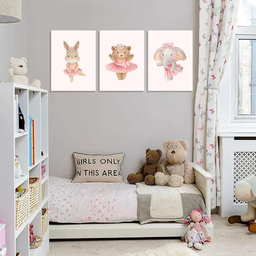 Miniatura 6 de 3 piezas de lienzo de animales de bailarina rosa, arte de pared, lindo elefante, conejo, oso, decoración de pared, imágenes de guardería, habitación