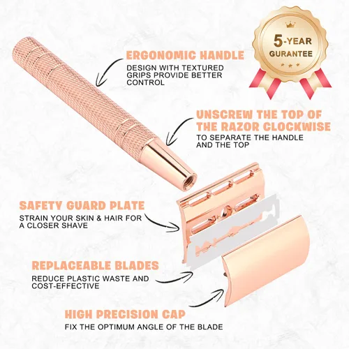Miniatura 8 de Maquinilla de afeitar de seguridad de doble filo de oro rosa para mujer, maquinilla de afeitar de una sola hoja con 10 cuchillas recubiertas