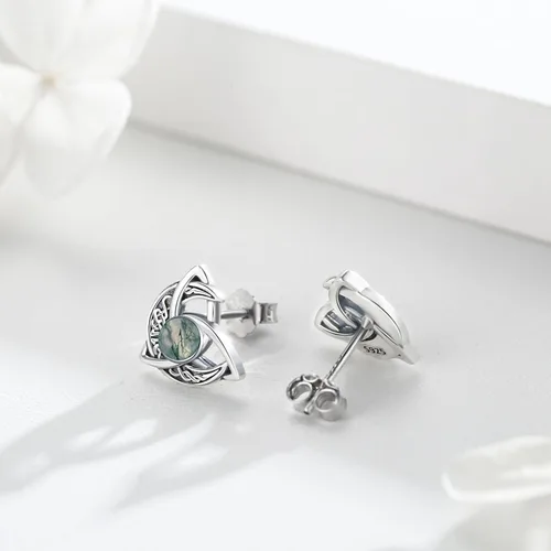 Miniatura 2 de Aretes de tuerca de luna celta de plata de ley 925 con nudo celta, triángulo, vintage, de buena suerte, regalos irlandeses para mujer