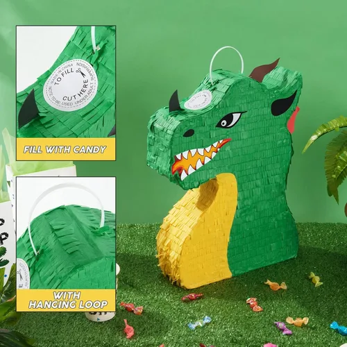 Miniatura 4 de WERNNSAI - Piñata de dragón, paquete de suministros para fiesta de dinosaurios que incluye venta y palo. Ideal como juego y decoración en fiestas