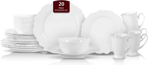 Miniatura 12 de HomeVss, nuevo juego de vajilla de porcelana de hueso, diseño de loto en relieve, juego de 20 piezas