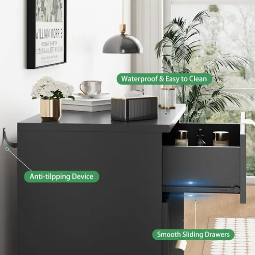 Miniatura 5 de Cómoda acanalada para dormitorio con 3 cajones, cómoda moderna de 24 pulgadas de ancho con mango de metal, soporte de TV de madera, armario de Negro