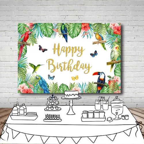 Miniatura 4 de MEHOFOND Telón de fondo de cumpleaños de pájaro tropical, tucán de verano, hojas de palma, purpurina dorada, pancarta de feliz cumpleaños, fondo