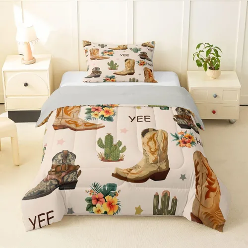 Erosebridal Western Cowgirl Twin Bedding Set Western Cowboy Comforter Set for Kids Girls Horseshoe Boots Southwestern Comforter Wild West Cactus