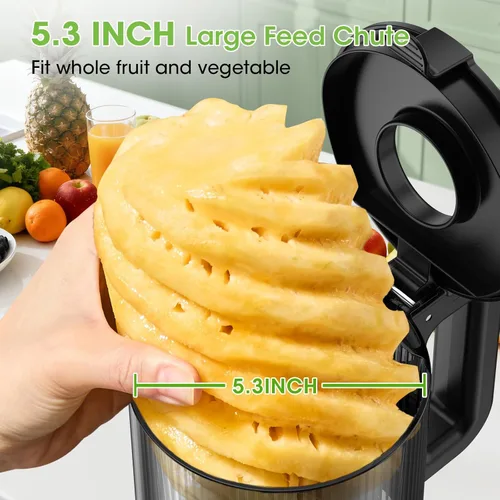 Miniatura 2 de Máquinas de exprimidor, exprimidor de prensa en frío con canal de alimentación de 5.3" de ancho para verduras y frutas enteras, alto rendimiento