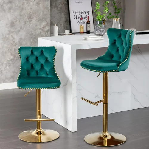 Miniatura 20 de Taburete de bar giratorio ajustable de altura de mostrador, silla de bar tapizada de terciopelo dorado con base cromada con respaldo acolchonado