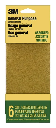 3M Papel de lija, paquete surtido de grano 100-150-220, 6 hojas, 3-2/3 x 9 pulgadas, lija pintura, madera y metal, ideal para lijado de uso general,