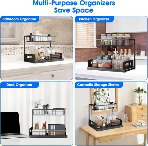 Miniatura 4 de Organizador para debajo del fregadero, estante de almacenamiento extraíble de 2 niveles, organizador de metal resistente al óxido para cocina, baño