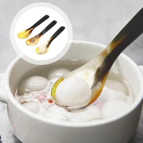 Miniatura 3 de Hemoton Juego de 3 cucharas de cuerno de buey de 5.70 pulgadas para postre de cuerno natural para café, té, helado, pastel y utensilios para servir
