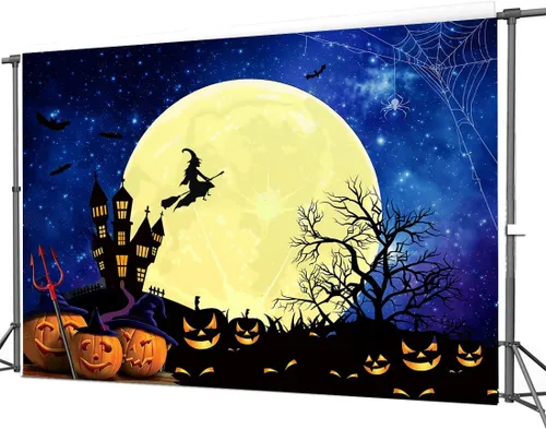 Miniatura 4 de CHAIYA Telón de fondo de Halloween de 7 x 5 pies Jack O'Lantern calabaza linterna naranja noche luna murciélago araña telaraña cementerio valla