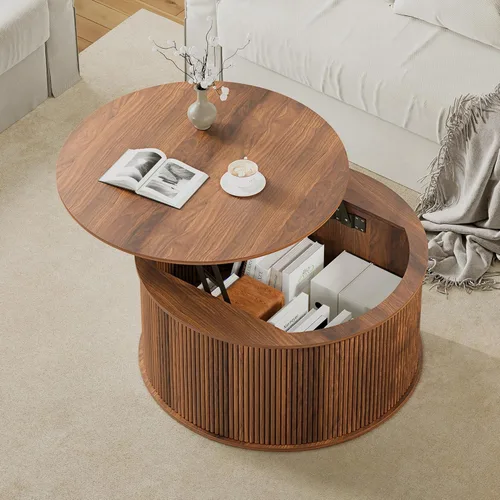 Miniatura 5 de Mesa de Centro con Tapa Elevable, Mesa de Centro Redonda Acanalada con Almacenamiento, Mesa de Comedor Central Estilo Granja Mesa Circular para Sala