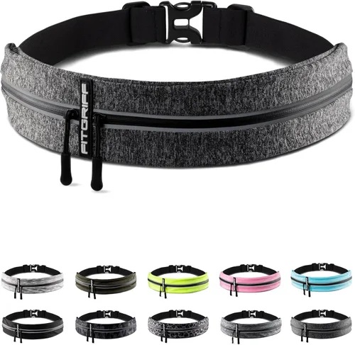Cinturón de correr Fitgriff® para hombres y mujeres - Bolso de jogging seguro para teléfono, llaves y elementos esenciales - Para todos los Gris