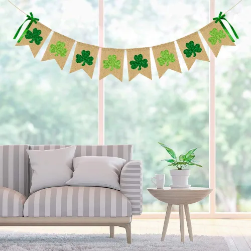 Miniatura 7 de CAVLA Cartel de arpillera de trébol con purpurina para el día de San Patricio, guirnalda de trébol verde con lazos, decoración de fiesta del día
