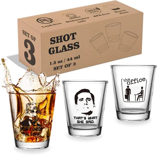 Miniatura 10 de Juego de 6 vasos de chupito de mercancía de The Office, vasos de chupito transparentes de 1.5 onzas con base pesada, regalos divertidos para The
