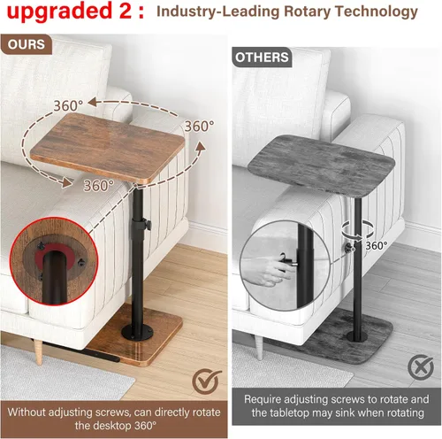 Miniatura 3 de Mesa auxiliar de mesa C de altura ajustable, mesa giratoria de 360°, base de metal y madera mejorada para evitar resbalones, mesa con reposabrazos