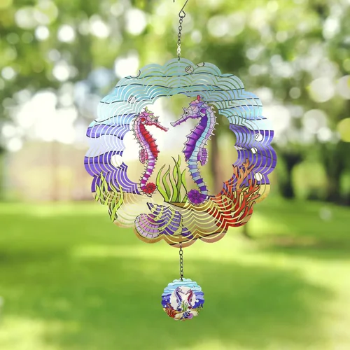 Miniatura 2 de Molinillo de Viento 3D de Caballito de Mar Arte Cinético de Metal Molinillo de Viento Colgante Decoración al Aire Libre Adornos de Océano Decoración