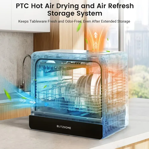 Miniatura 5 de BLITZHOME Lavavajillas portátil de mostrador WiFi, inteligente con 9 programas, alta temperatura de 75℃, pulverización 360° 3Spray, temporizador