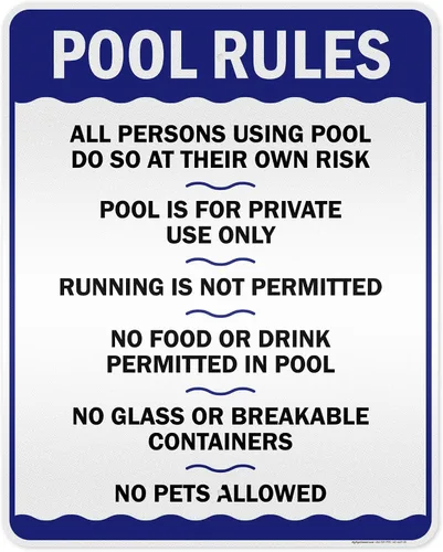 Miniatura 20 de Letrero de reglas de la piscina, «Swim at Your Own Risk, This is a Private Pool, No Food No Runing, No Glass, No Pets – Cartel de piscina, 10 x 14