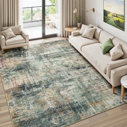 Miniatura 20 de Lofus Alfombra de área de 8 x 10 pies para sala de estar, alfombras grandes abstractas doradas con respaldo antideslizante, alfombra neutra moderna