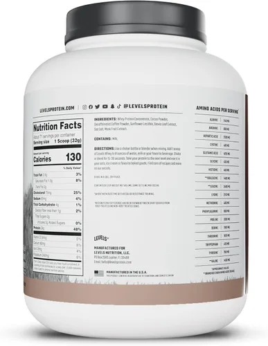 Miniatura 9 de Levels - Polvo de proteína de suero alimentado con pasto, sin artificiales, 24G de proteína, Chocolate Mocha, 5 libras