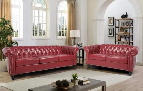 Miniatura 13 de RARZOE Moderno sofá Chesterfield de poliuretano de 3 plazas, sofá Chesterfield tapizado de piel con botones capitoné, sofá clásico de piel sintética