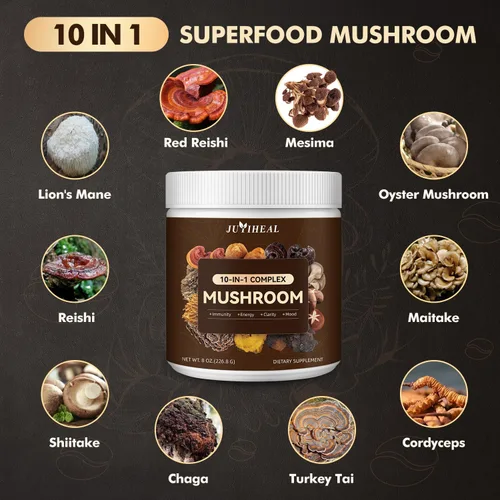 Miniatura 4 de Polvo de hongos 10 en 1, complejo de hongos de 2000 mg - Melena de león, Reishi, Shiitake, Chaga, cola de pavo, Cordyceps, Maitake y más, mezcla