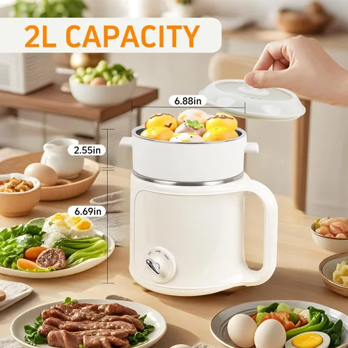 Miniatura 4 de Olla Eléctrica Caliente con Vaporera: Cocedor de Ramen de 2.0L, Olla Eléctrica Multifuncional de Acero Inoxidable, Portátil, Ajuste de Potencia Dual