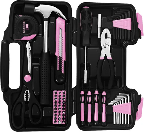 Miniatura 9 de Juego de herramientas para el hogar de 58 piezas, color rosa, kit de herramientas manuales para el hogar, kit de herramientas pequeñas con caja