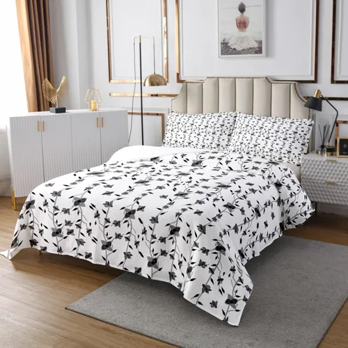 Miniatura 3 de Erosebridal Juego de edredón floral negro, tamaño individual, lindo juego de colcha de flores para niños y niñas, juego de colcha de acuarela