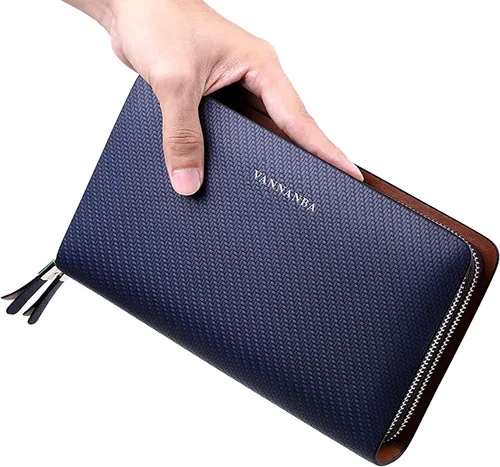 Miniatura 5 de VANNANBA Hombres Clutch Wallet Bolso de mano grande de cuero Bolso de mano de negocios con doble cremallera Azul Negro