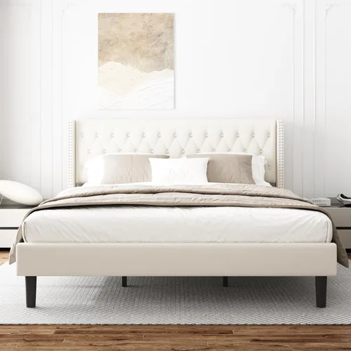 Miniatura 12 de HAOARA Base de cama de tamaño matrimonial, plataforma tapizada con cabecera con respaldo de ala, botón de terciopelo, fácil montaje, no necesita