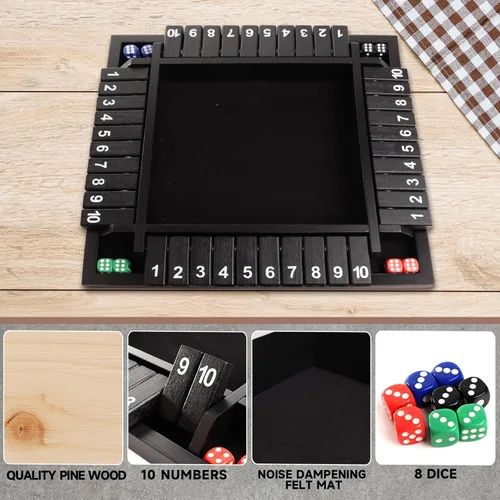 Miniatura 2 de GSE Games & Sports Expert Juego de mesa de dados de madera para 1-4 jugadores con 8 dados. Juego de mesa de 4 vías 10 numerados Shut The Box