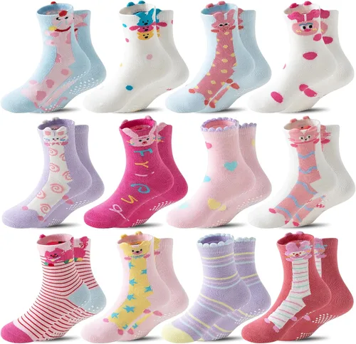 Miniatura 6 de 12 pares de calcetines antideslizantes para bebés, niños y niñas, calcetines de agarre para niños pequeños, calcetines de algodón transpirable